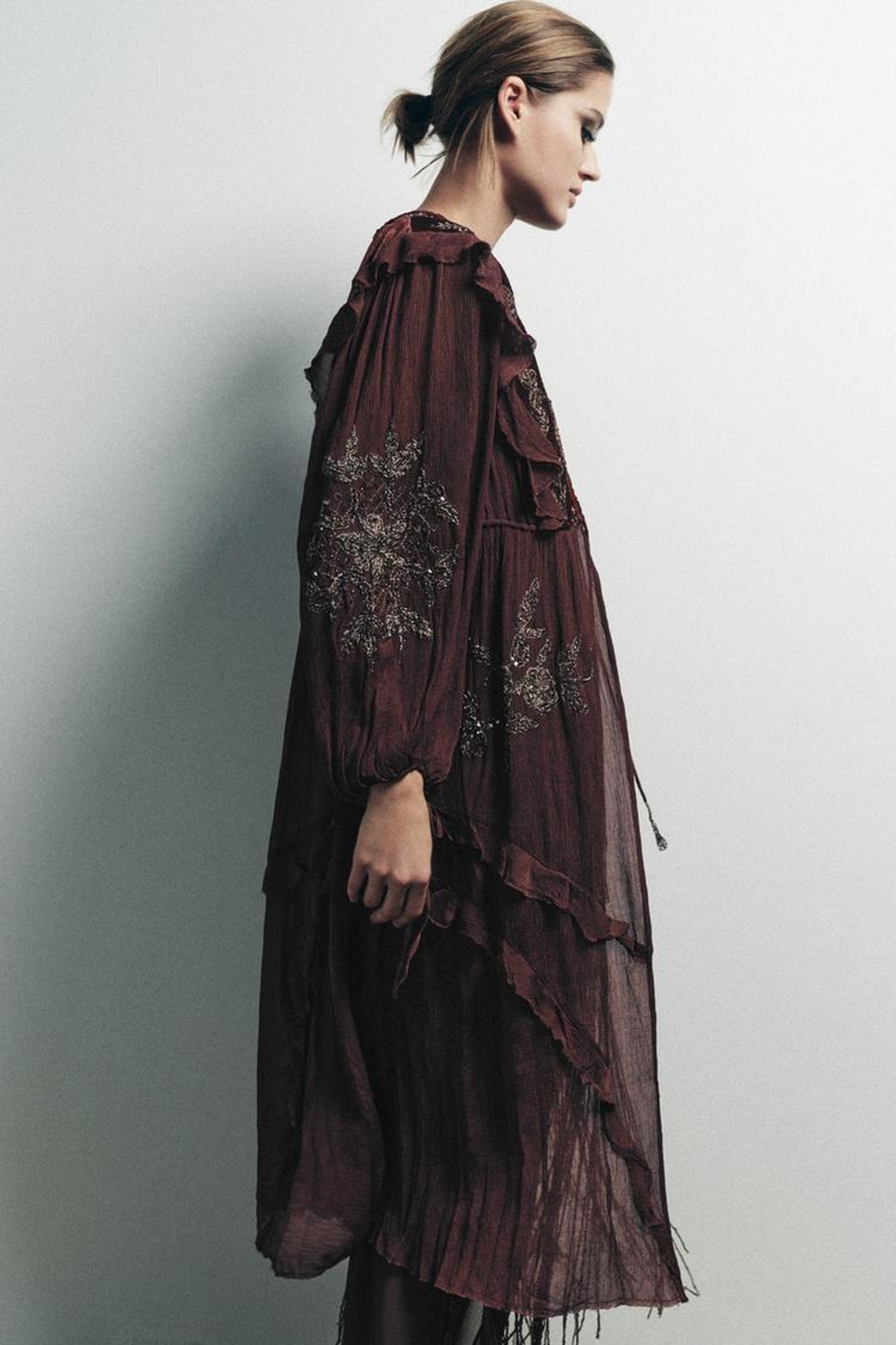 ZARA КОМБИНИРОВАННЫЙ ТОП ИЗ ЖОРЖЕТА С ПАЙЕТКАМИ, ВИННЫЙ