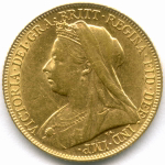 1 соверен Великобритания (Виктория) 1899 г. Золото. XF