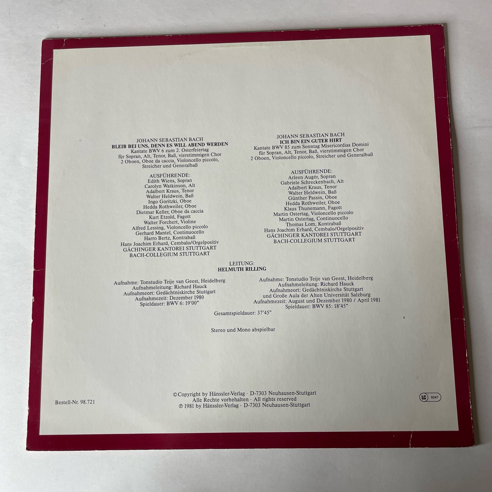 Винтажная виниловая пластинка LP J. S. Bach И. С. Бах, Helmuth Rilling, Die Bach Kantate Кантаты, BWV 6, BWV 85 (Германия 1981)