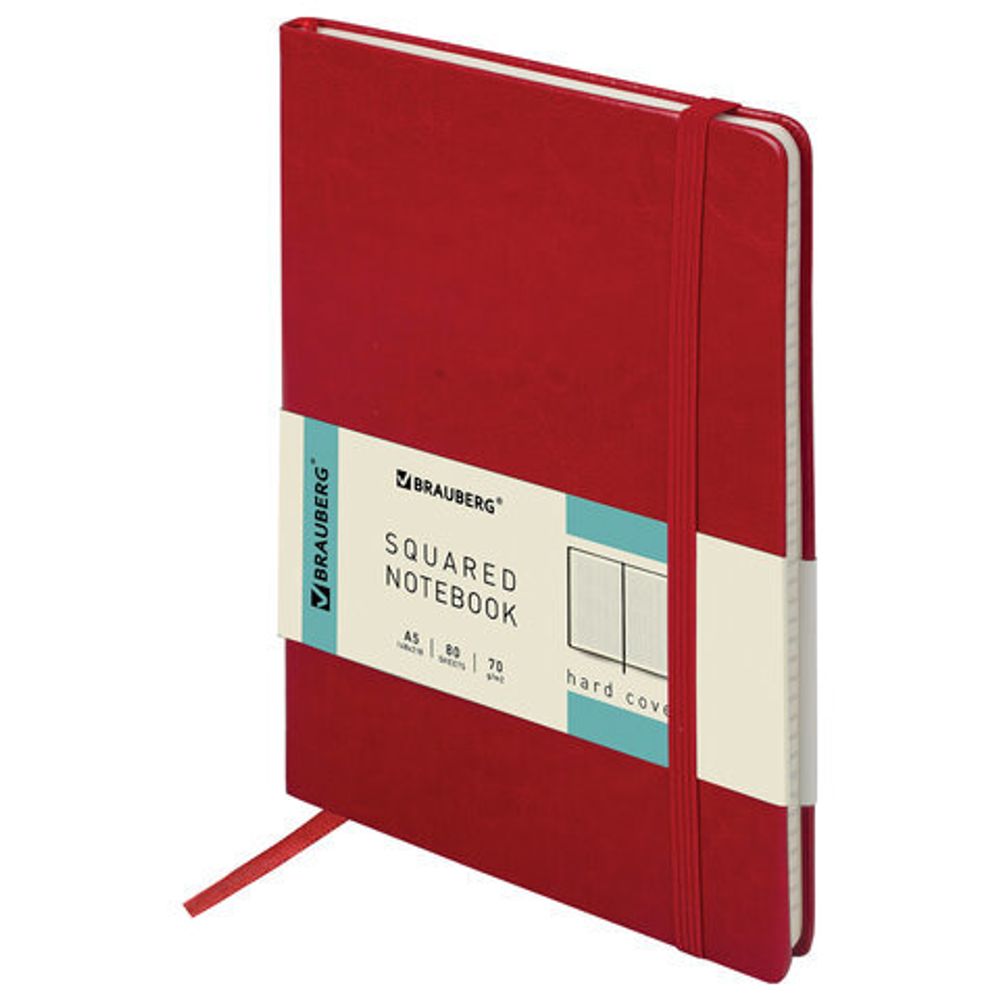 Блокнот в клетку с резинкой А5 (148x218 мм), 80 л., под кожу красный BRAUBERG "Metropolis Special", 111575
