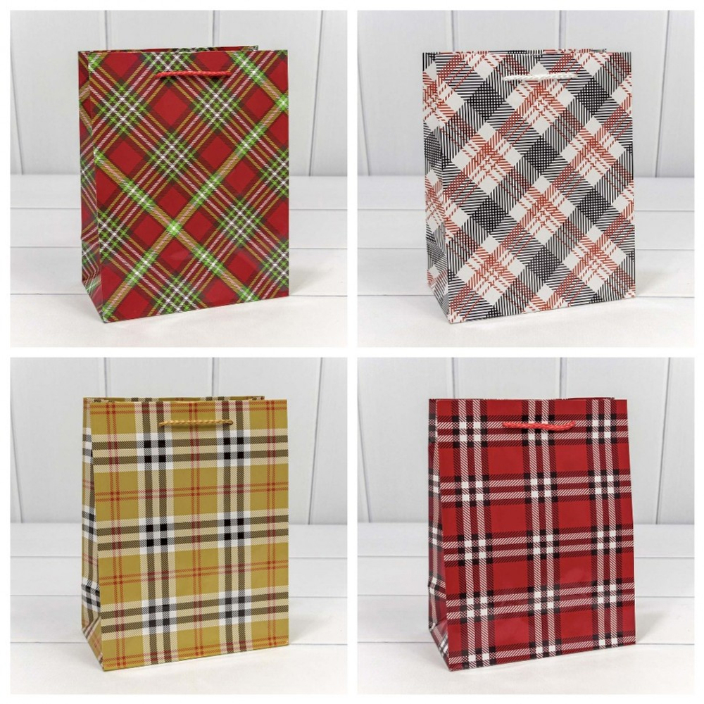 Пакет бумажный 18*23*10см с ручками "Клетки и полоски" микс