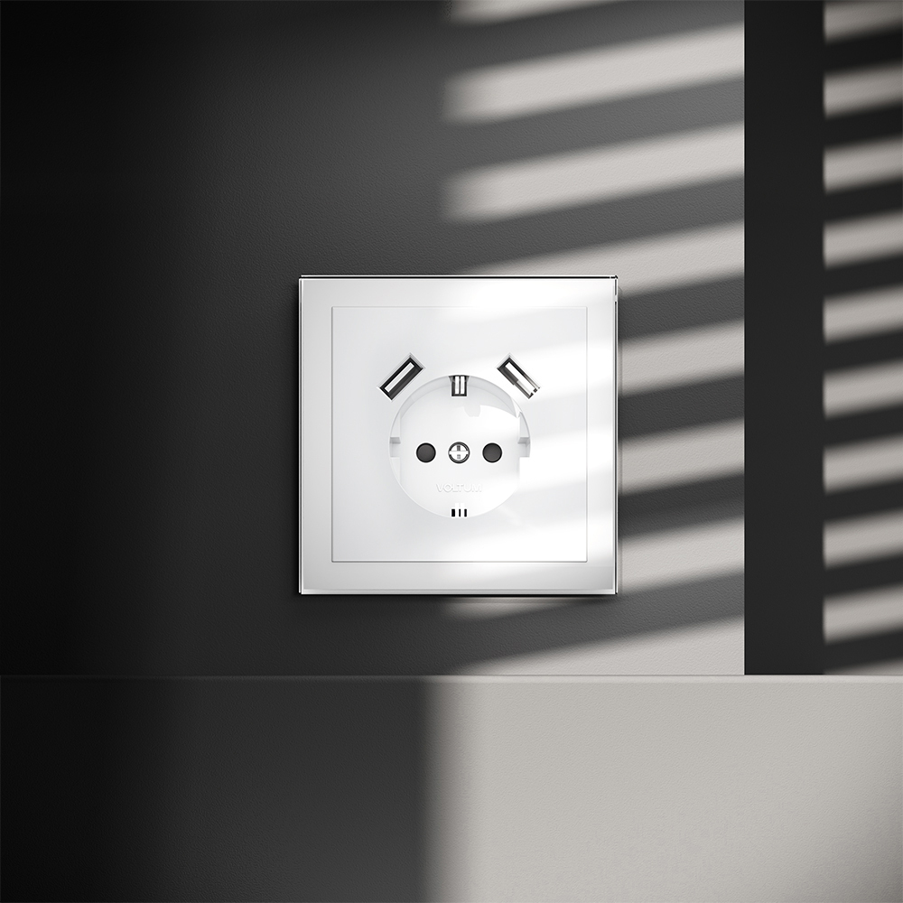 Розетка встраиваемая с заземлением и защитными шторками, 16А, с USB, A+A, (белый глянцевый) Voltum S70 VLS040401