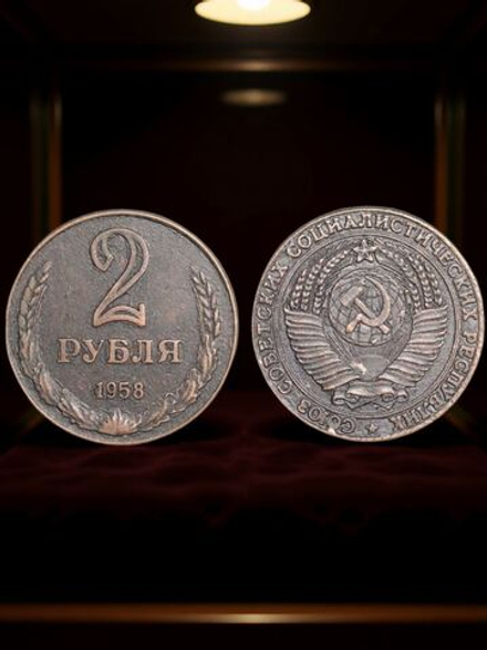 2 рубля 1958 года СССР Советский Союз. Годовик. Проба. Советы. Копия пробной монеты медь патина