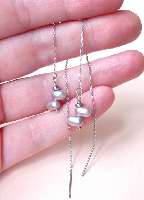 Серьги протяжки с серым жемчугом