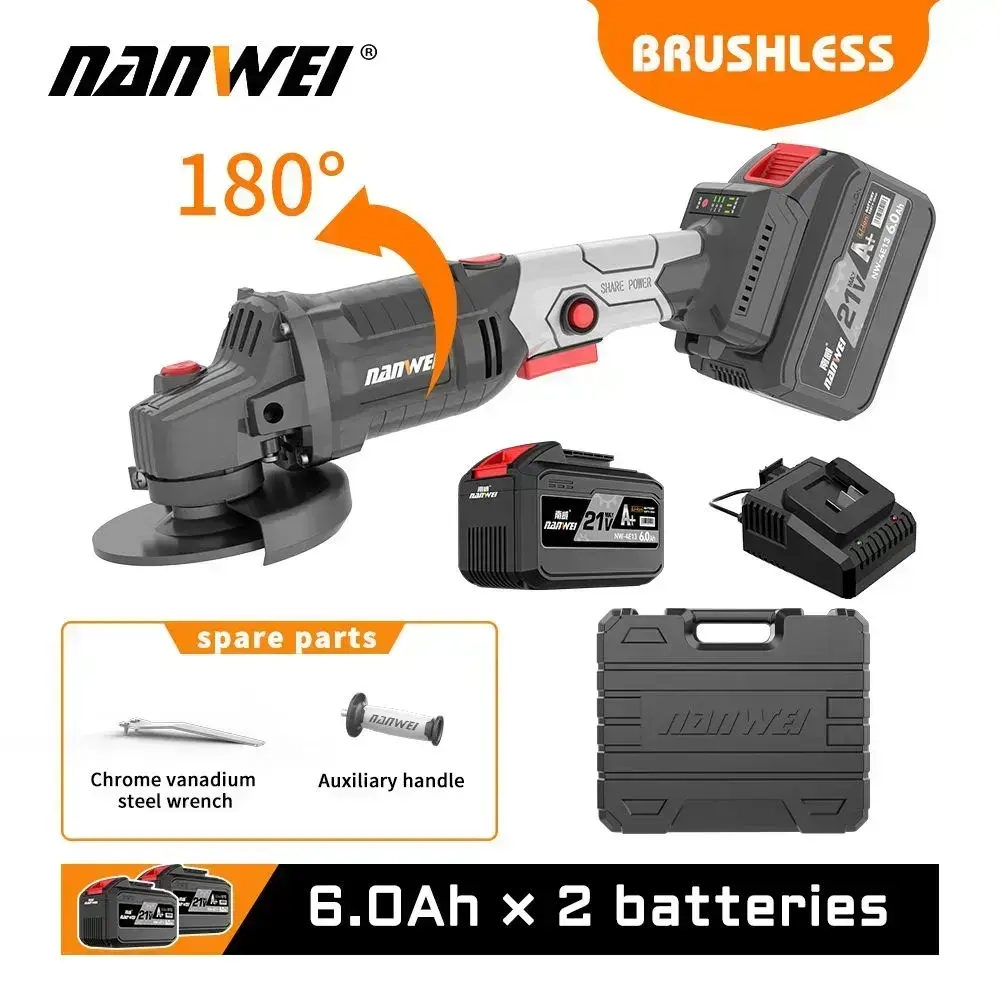 Угловая шлифовальная машина NANWEI 125 мм вращение на 180 градусов бесщеточная полировальная машин (6,0ahx2)