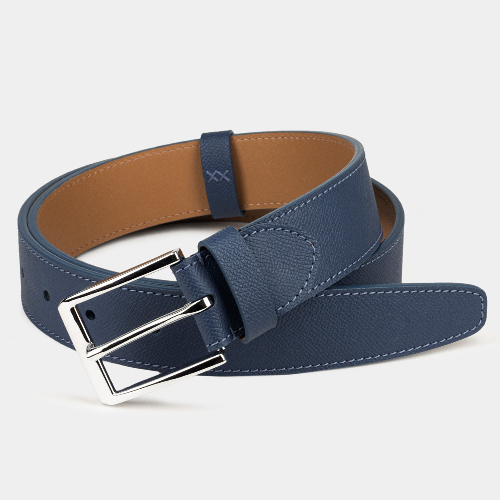 Ремень мужской из кожи теленка Saffiano синего цвета со стальной пряжкой