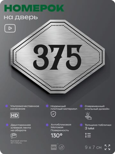 Номерок на дверь квартиры 375, для кабинета, офиса, шильдик 9 х 7 см, брашированная сталь, Айдентика Технолоджи