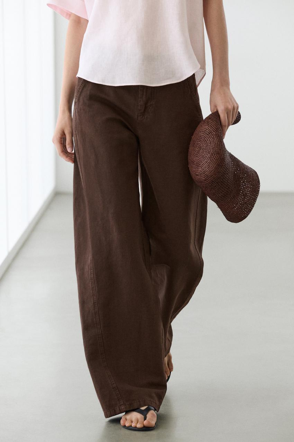 Massimo Dutti Брюки из смесовой льняной ткани с декоративной строчкой, шоколадный