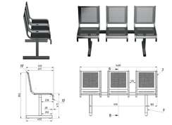 Секция стульев перфорированная трехместная неразборная на квадратной трубе без подлокотников