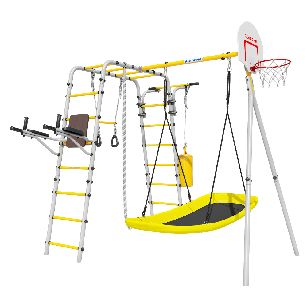 Детский спортивный комплекс для дачи ROMANA Fitness (Фитнес, желтый/серый) (с качелями-гнездо «Лодка»)