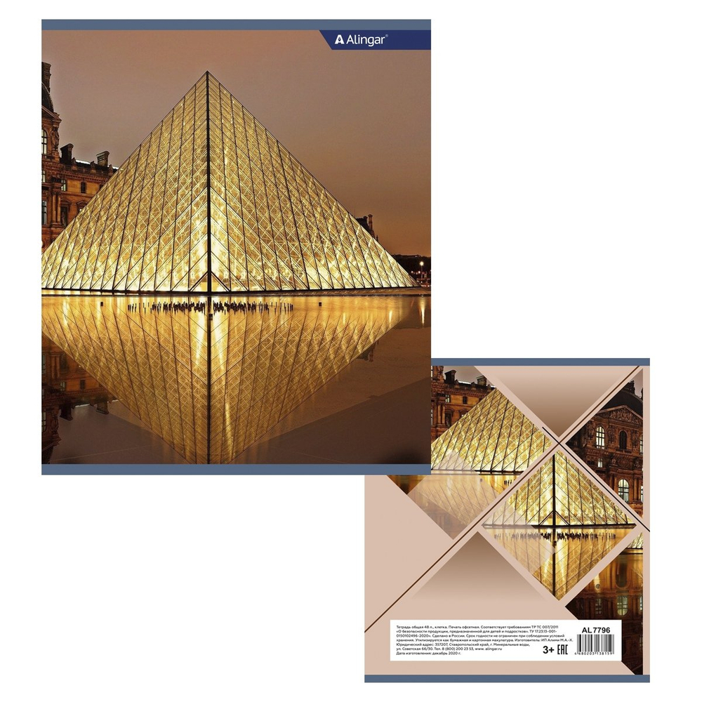 Тетрадь 48л., А5, клетка, Alingar " Архитектура города", скрепка, мелованный картон, блок офсет, 4 дизайна в пленке т/у