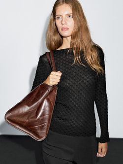 Massimo Dutti Топ из 100% хлопка с рельефным узором и длинными рукавами, черный