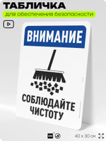 Табличка для обеспечения безопасности "Внимание, соблюдайте чистоту", для офиса, по охране труда для предприятия, организаций, 40х30 см, Silver Plane x Айдентика Технолоджи