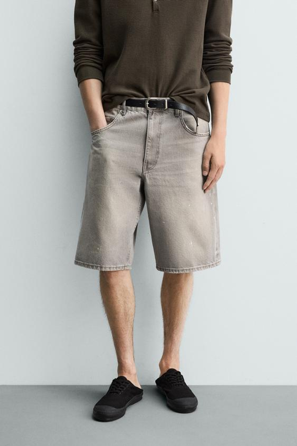 ZARA ДЖИНСОВЫЕ ШОРТЫ BAGGY FIT С БРЫЗГАМИ, БЕЖЕВЫЙ