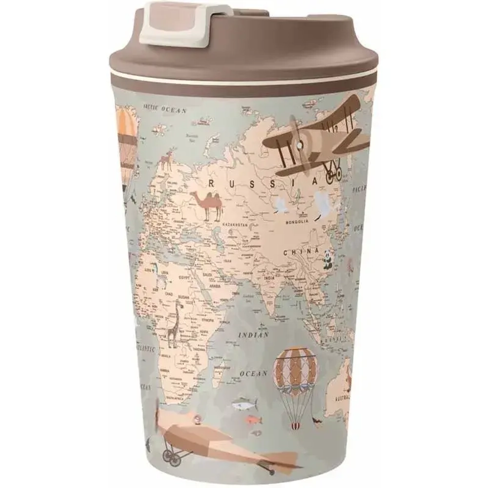 ТЕРМОСТАКАН С КЛАПАНОМ И ДЕКОРОМ КАРТА 350МЛ (Светло-бежевый)