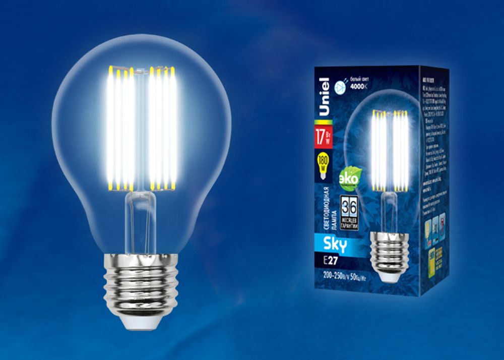 LED-A70-17W/4000K/E27/CL PLS02WH Лампа светодиодная. Форма A, прозрачная. Серия Sky. Белый свет (4000K). Картон. ТМ Uniel.
