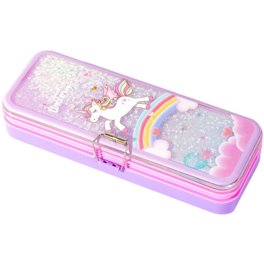Пенал 2 отделения Alingar, пластик, блеск, 75 х 215 мм, "Unicorn", фиолетовый (единорожка)