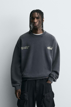 ZARA ТОЛСТОВКА С КОМБИНИРОВАННЫМ ПРИНТОМ, ТЕМНЫЙ АНТРАЦИТ