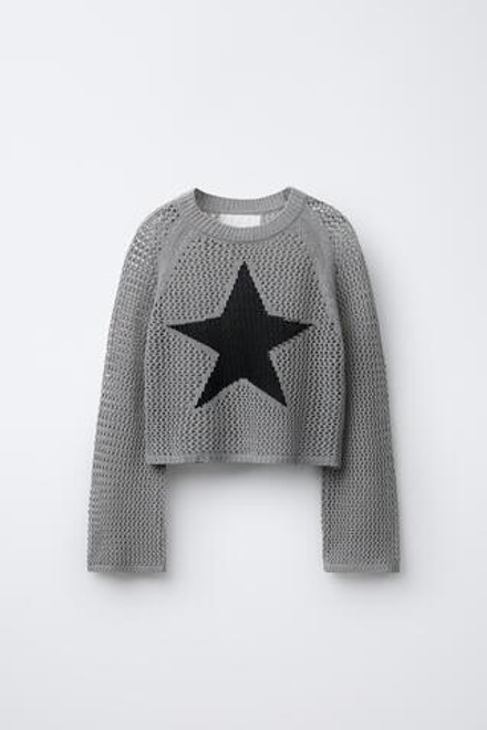ZARA АЖУРНЫЙ ДЖЕМПЕР СО ЗВЕЗДОЙ, МЯГКИЙ СЕРЫЙ