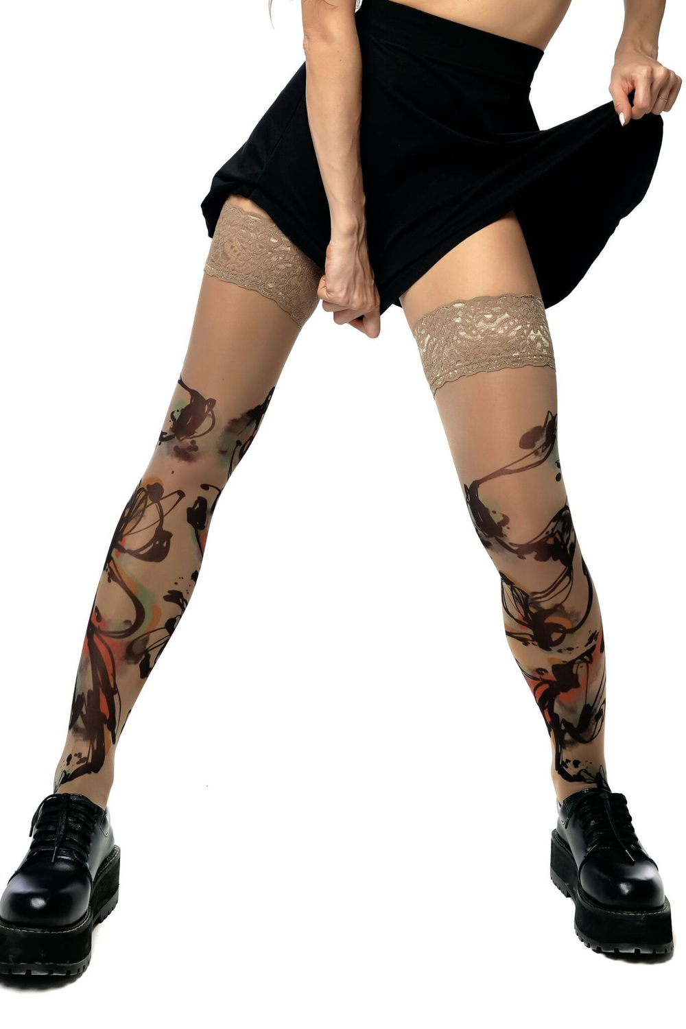 Чулки с принтом в виде цветных всполохов (Размер: S-M-L) (Цвет: бежевый)