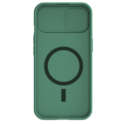 Чехол зеленого цвета (Deep Green) от Nillkin c поддержкой MagSafe для iPhone 15, с защитной шторкой камеры, серия CamShield Pro Magnetic