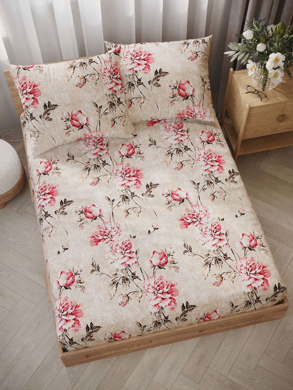 Постельное белье перкаль Сказка "Пионы винтаж" 2-спальное Наволочка 50х70 см 2 шт Простынь на резинке 160x200 см Пододеяльник 175x215 см
