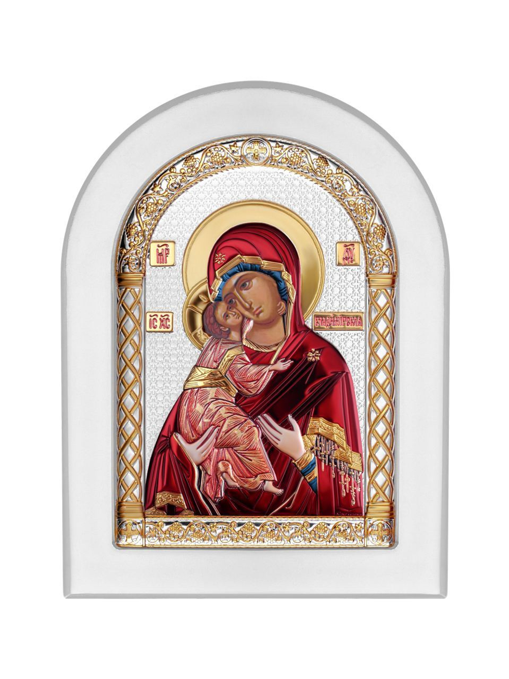 Владимирская БМ, икона арочная, белое дерево, эмаль 175х225