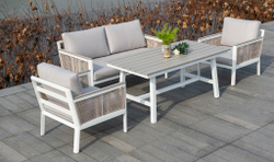 "Сан Ремо" кресло плетеное из роупа садовое, каркас алюминий белый, роуп бежевый, ткань бежевая