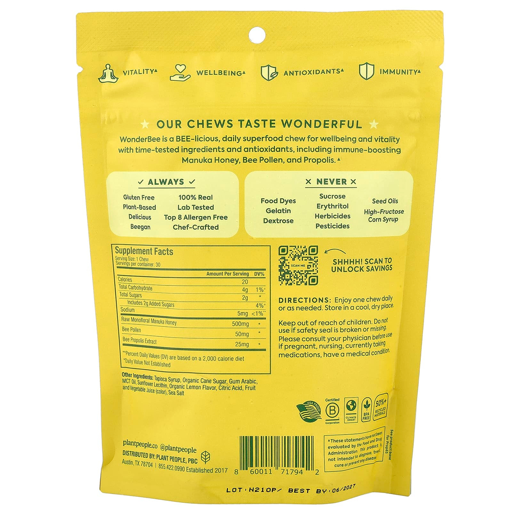Plant People, WonderBee®, жевательные таблетки с медом из суперпродуктов, лимон, MGO 400+, 30 жевательных таблеток