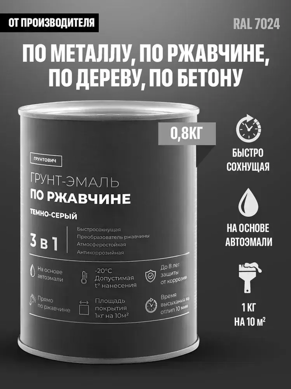 Грунтович Краска Быстросохнущая, Гладкая, Матовое покрытие, 0.8 кг, темно-серый