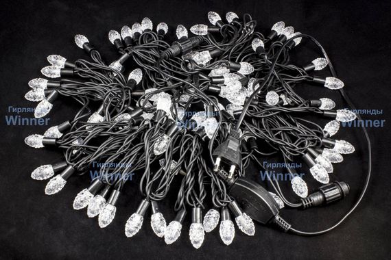 Светодиодная нить Шишки 10 м., 220V, 100 сине-белых LED ламп, черный каучук, соединяемая, Winner (BW.01.7B.100+2,5B)