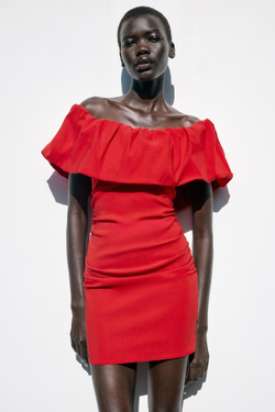 ZARА МИНИ-ПЛАТЬЕ С ВОЛАНОМ, КРАСНЫЙ