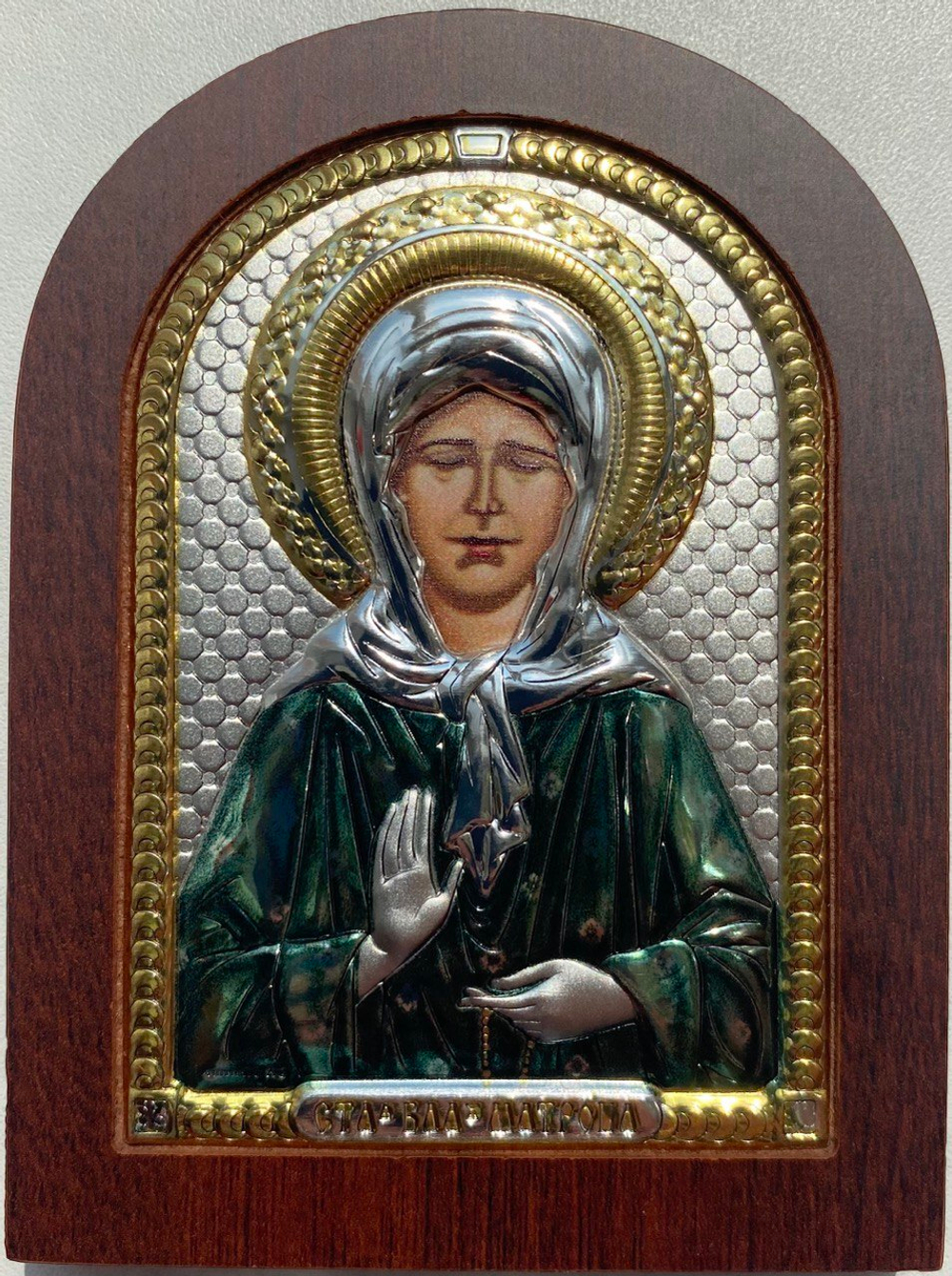 Матрона, икона арочная, красное дерево, эмаль  57х75