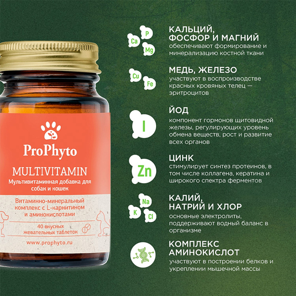 Функциональная кормовая добавка для собак и кошек ProPhyto Мультивитамин, 40 таблеток