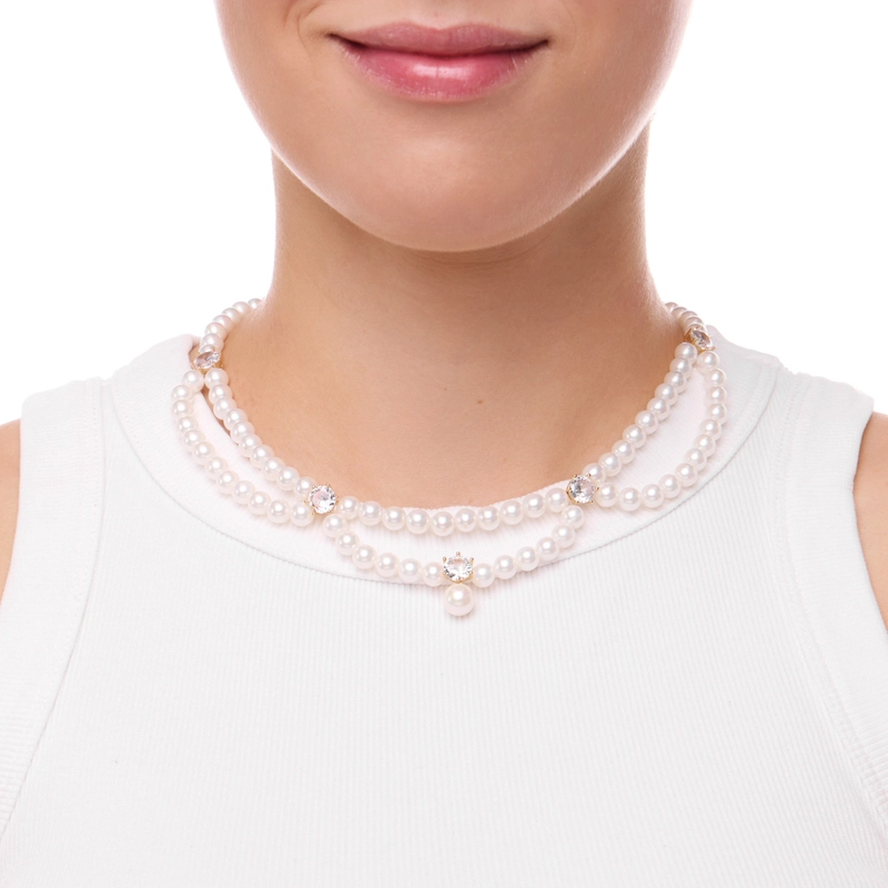 Чокер Двойной Золотой с Жемчугом и Кристаллами