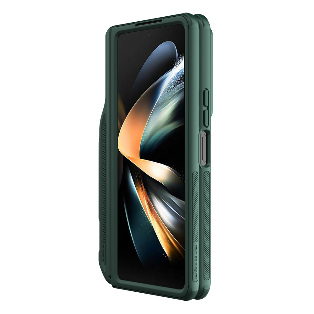 Чехол зеленого цвета (Deep Green) с держателем для S Pen на Samsung Galaxy Z Fold 5 от Nillkin, серия CamShield Fold Case-Pen Holder Version, с сдвижной шторкой для камеры