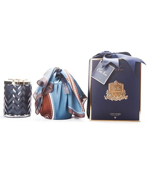 Большая тёмно-синяя свеча "ёлочка" с золотой стрекозой и платком, Cote Noire