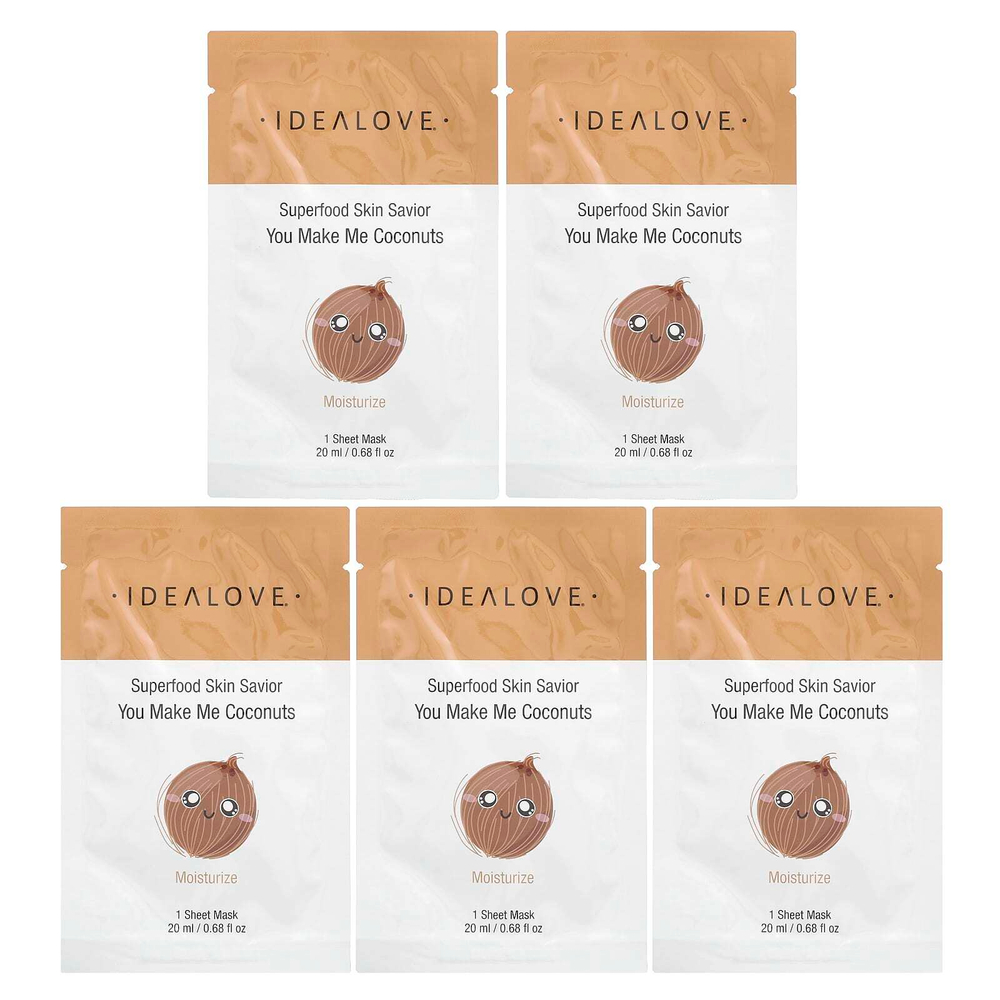 Idealove, Superfood Skin Savior, маска для лица с суперфудами, кокос, 5 шт. по 20 мл (0,68 жидк. унции)