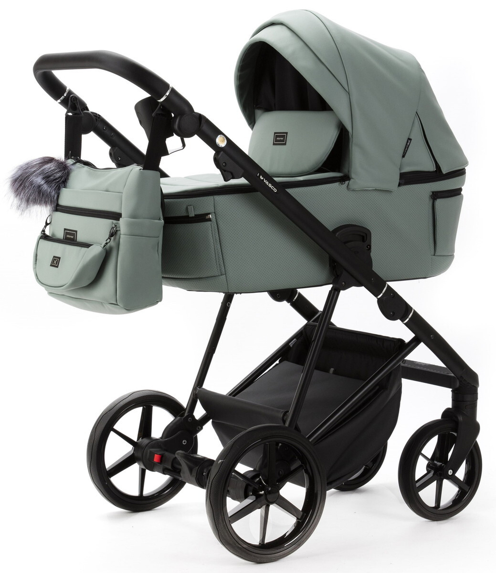 Детская коляска Adamex Vasco Deluxe 3 в 1 V-SA20 (СЕРО-ЗЕЛЕНАЯ КОЖА)