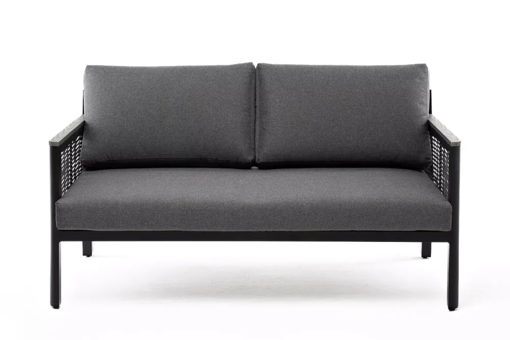 "Сан Ремо" диван 2-местный плетеный из роупа, каркас алюминий темно-серый, роуп серый, ткань серая