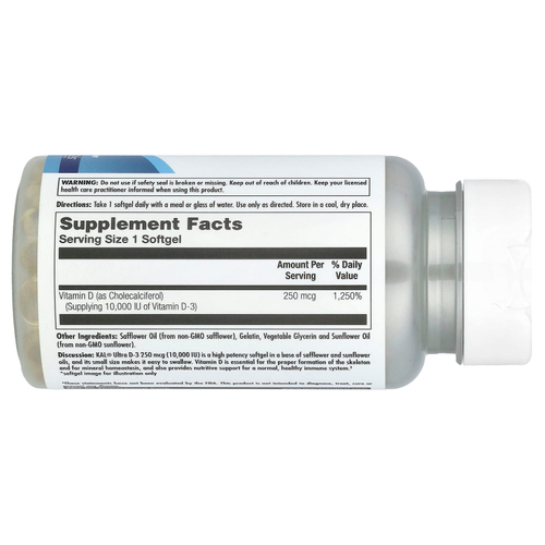 KAL, Ultra D-3, витамин D3, 250 мкг (10 000 МЕ), 90 мягких таблеток