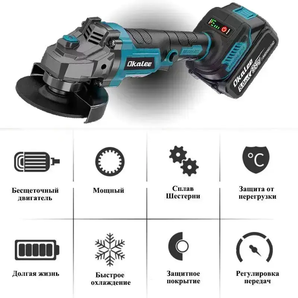 OKALEE инструмент 125 мм, 2300 Вт, бесщеточная портативная, 19500 об/мин, Болгарка электрическая ,угловая шлифовальная машина, шлифовка/резка(2 шт. 3,0 мА)