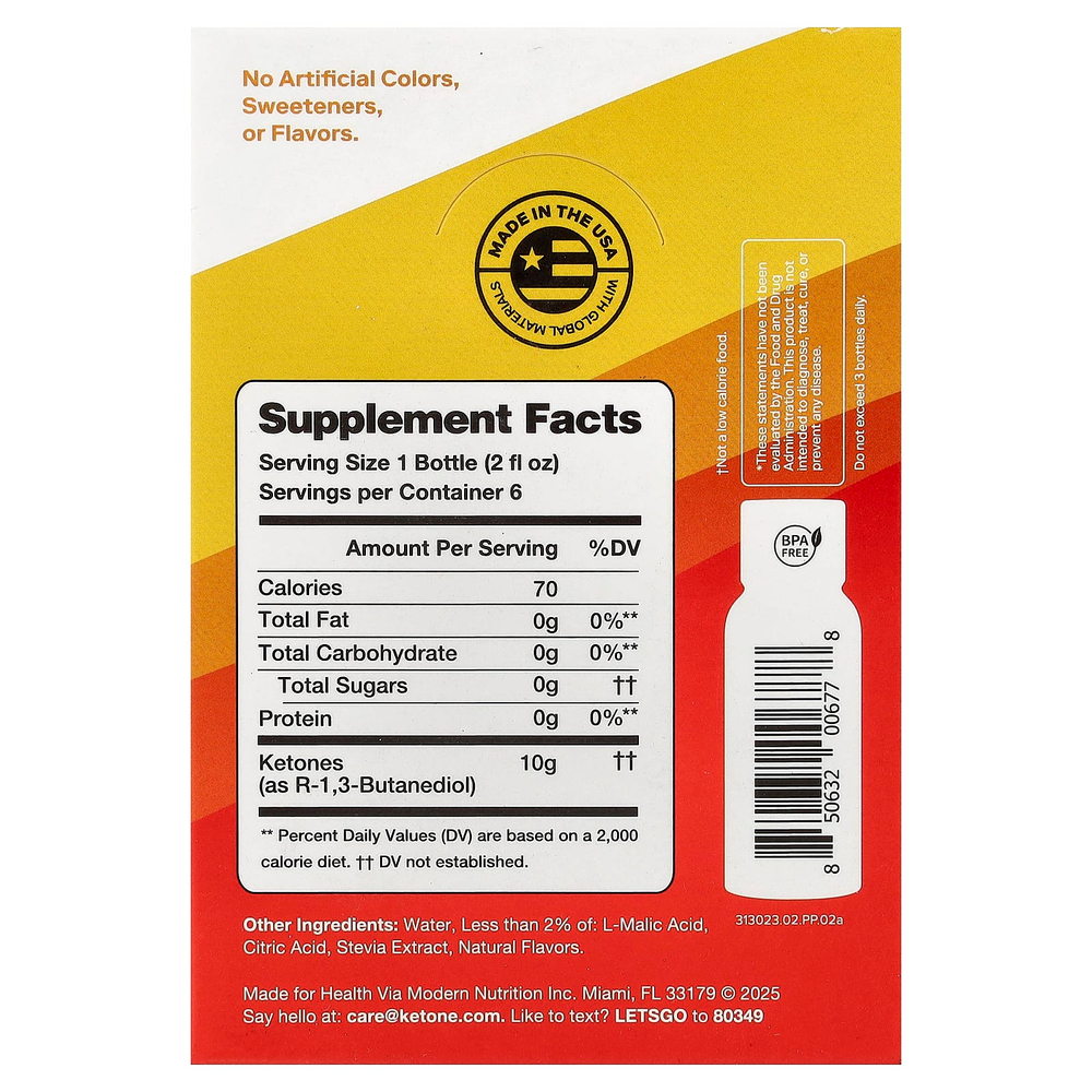 Ketone-IQ, Energy Shot, персик, без кофеина, 6 флаконов по 59 мл (2 жидк. унции)