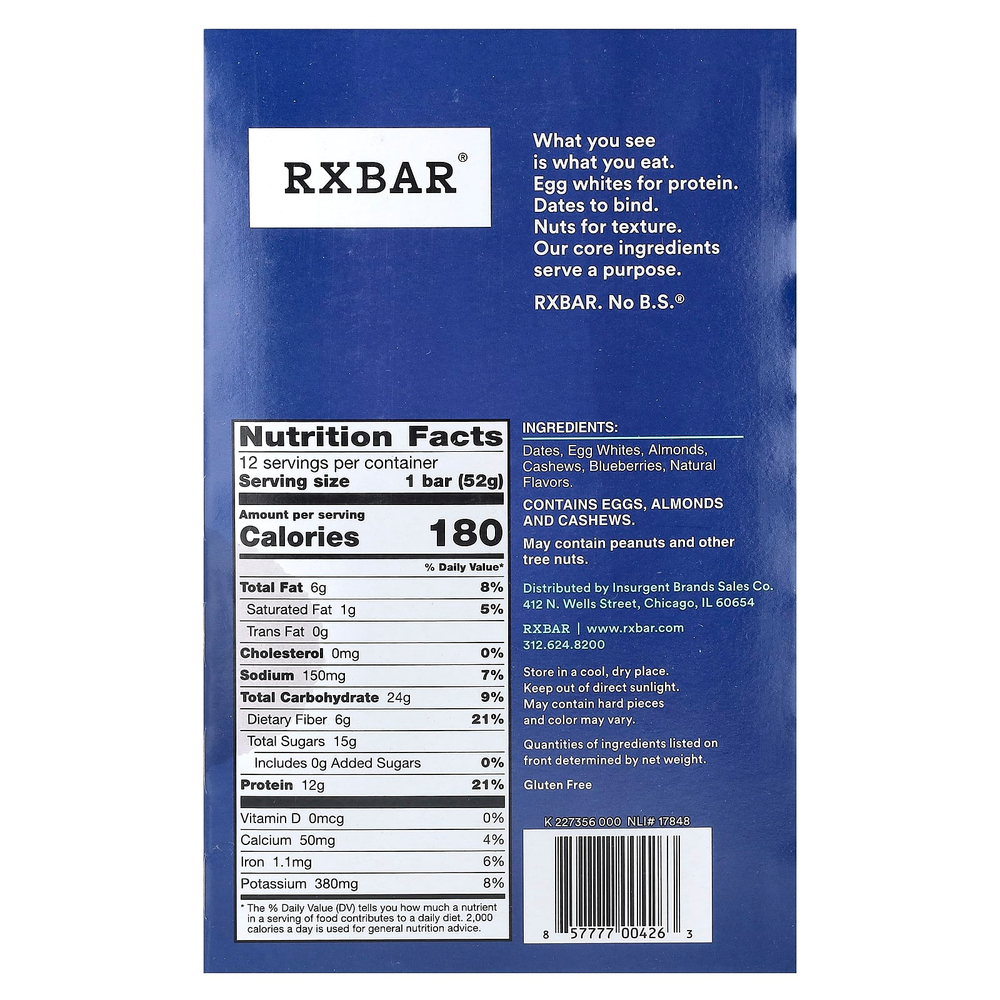 RXBAR, Протеиновый батончик, голубика, 12 батончиков, 52 г (1,8 унции)