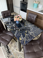 Стеклянный раздвижной стол "Черный мрамор" и стулья "ГУЧИ" коричневый