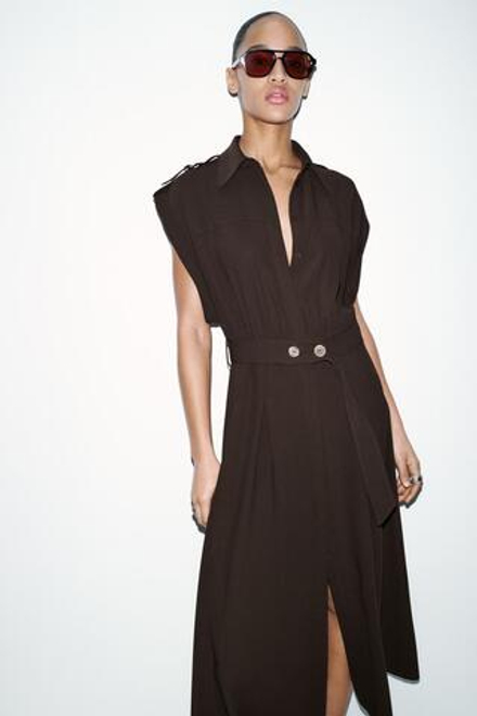 ZARA ПЛАТЬЕ МИДИ С ПОЯСОМ, КОРИЧНЕВЫЙ