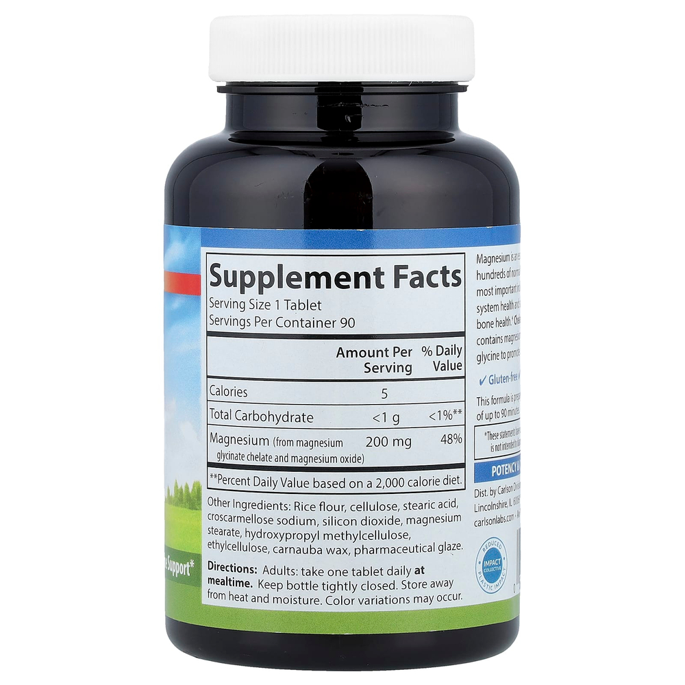 Carlson, Хелатный глицинат магния, 200 мг, 90 таблеток