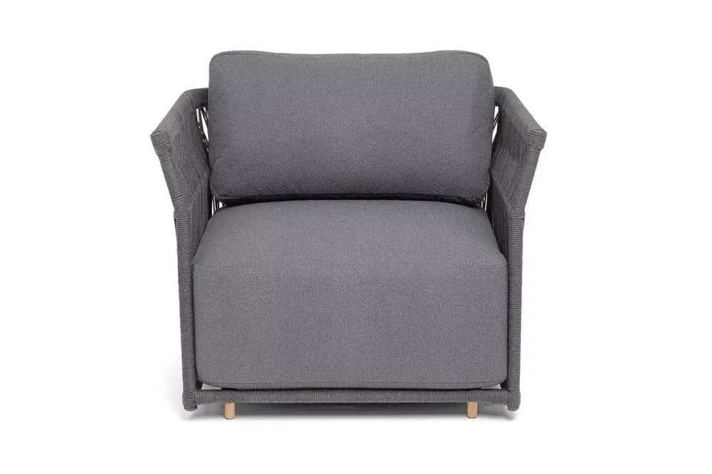 "Лугано" кресло плетеное из роупа, каркас алюминий темно-серый (RAL7024) муар, роуп темно-серый круглый, ткань темно-серая YB25-0027