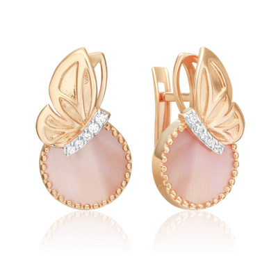 Серьги «Утренняя симфония» с английским замком из красного золота с перламутром и фианитами