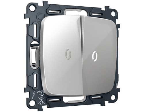 MO404015 Комплект механизма 2-кл выключателя с подсветкой 5600K OMEGA Серебро глянец QUANT (OP4040, VM115, G14W)